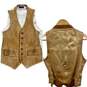 Vintage Suede Leather Vest Unisex S-M Hungary Stanley Blacker Cognac Stars OOAK